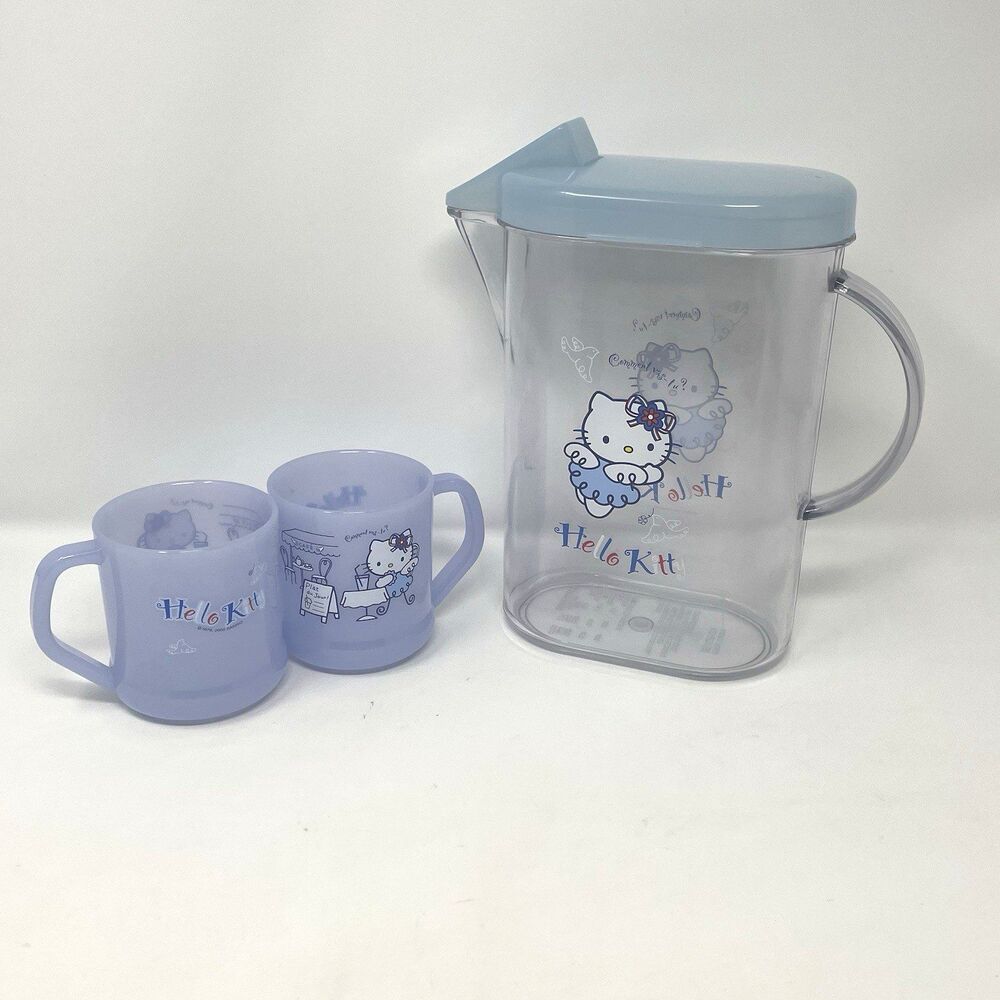 Vtg Sanrio Hello Kitty Plastic Pitcher & Cup Set Rare French Angel Light‎ Blue
